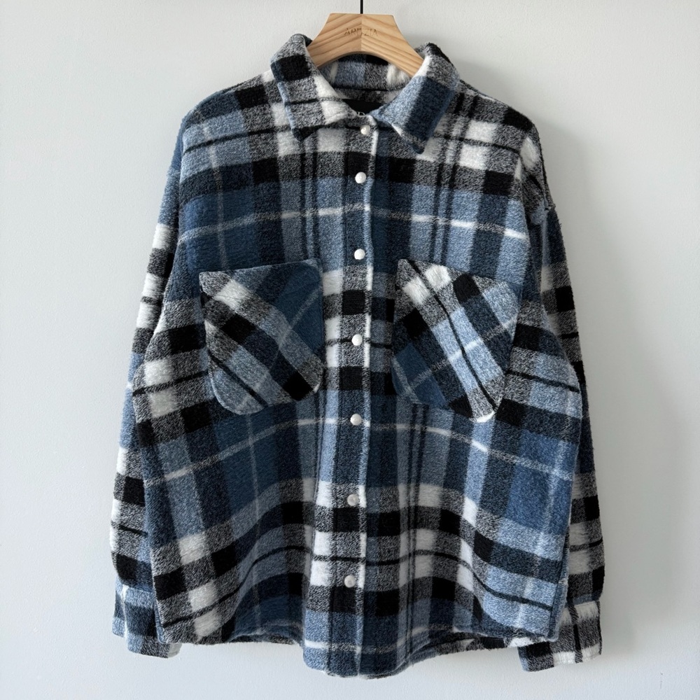 ZARA Blue Plaid Wool Blend Shacket Oversized Snap Button Jacket S - Picture 5 of 16